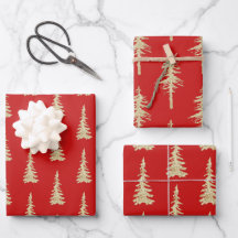 Gold Woodland Spruce Trees On Holiday Red Wrapping