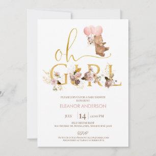 Gold Word Blush Floral Teddy Bear Baby Shower Invitation