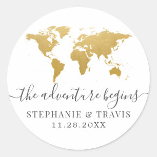Gold World Map Adventure Begins Classic Round Sticker