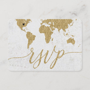 Gold World Map Custom Destination Wedding RSVP Card
