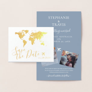 Gold World Map Folded Destination Save the Date Foil Card