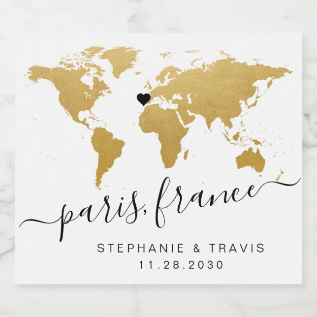Gold World Map Heart Destination Favour Beer Bottle Label (Single Label)