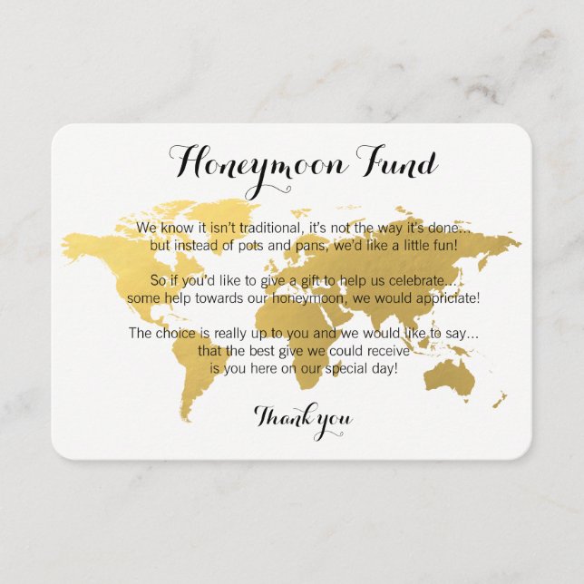 Gold world map honeymoon fund request wedding card (Front)