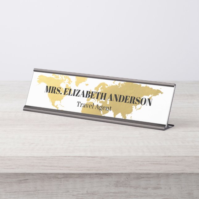Gold World map travel agency Desk Name Plate (Front)