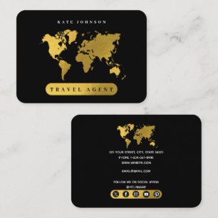 Gold World Map Travel Agent Social Media Icons Business Card