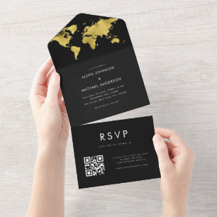 Gold World Map Travel Destination Modern Qr Code All In One Invitation