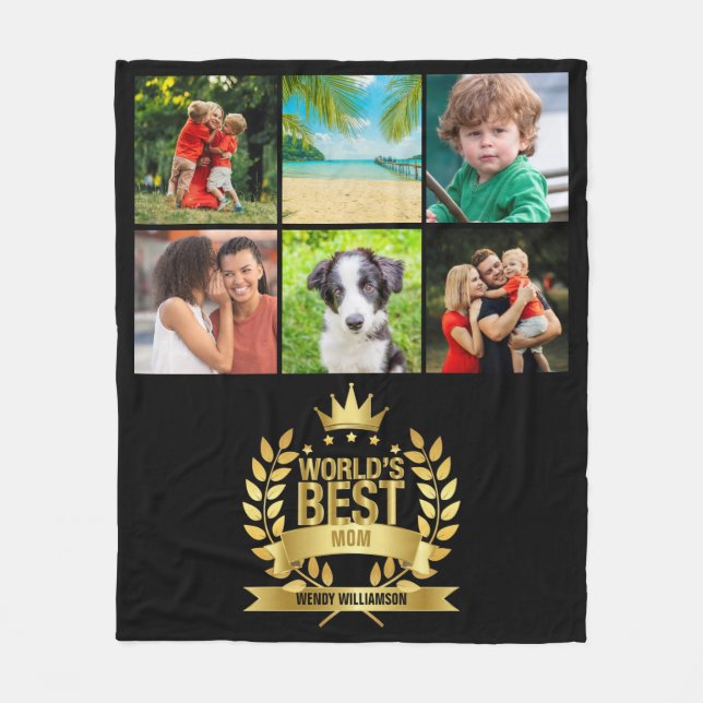 Gold World's Best Mum Mother Photo Black Fleece Blanket (Front)