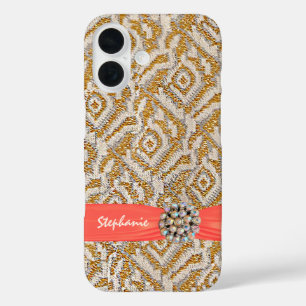 Gold Woven Fabric with Ribbon and Rhinestone iPhone 16 Case