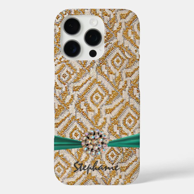 Gold Woven Fabric with RibbonFaux Rhinestone Case-Mate iPhone Case (Back)