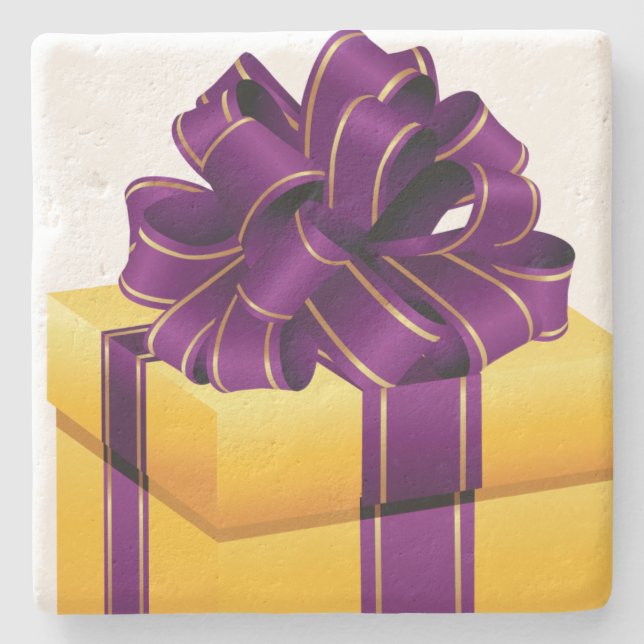 Gold Wrapped Gift Purple Ribbon Christmas Stone Coaster (Front)