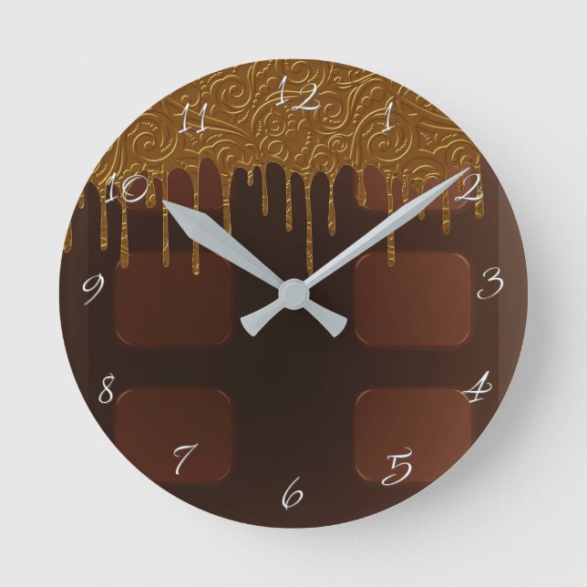 Gold Wrapper Drip Chocolate Candy Bar Glam Round Clock (Front)