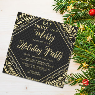 Gold Wreath and Black Holiday Party Invitation