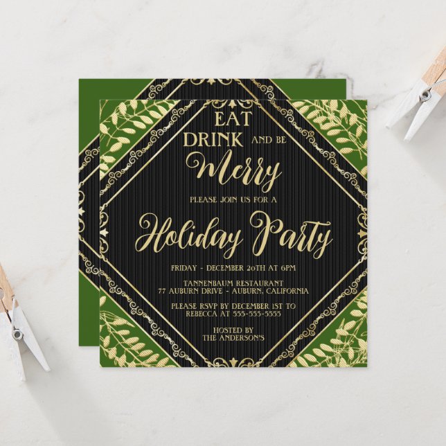 Gold Wreath and Green Holiday Party Invitation (Front/Back In Situ)