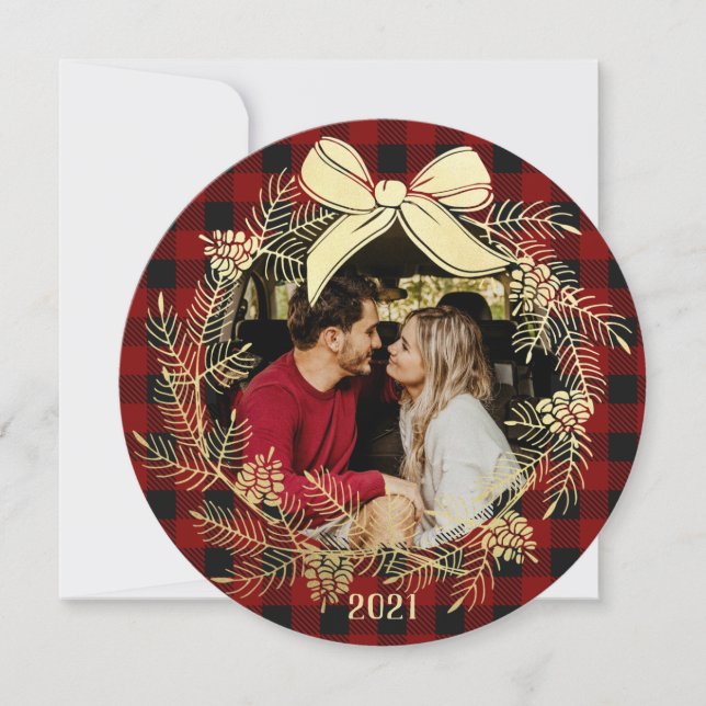 Gold Wreath Buffalo Plaid with Photo Holiday Card (Front)