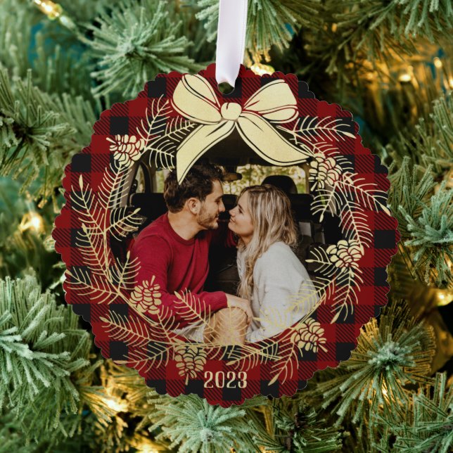 Gold Wreath Buffalo Plaid with Photo Tree Decoration Card (Insitu (Tree))