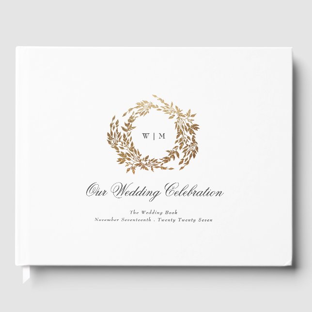 Gold Wreath Classic Monogram Wedding Guest Book (Front)