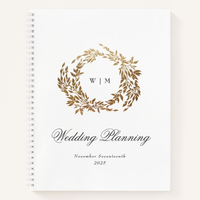 Gold Wreath Classic Monogram Wedding Notebook (Front)