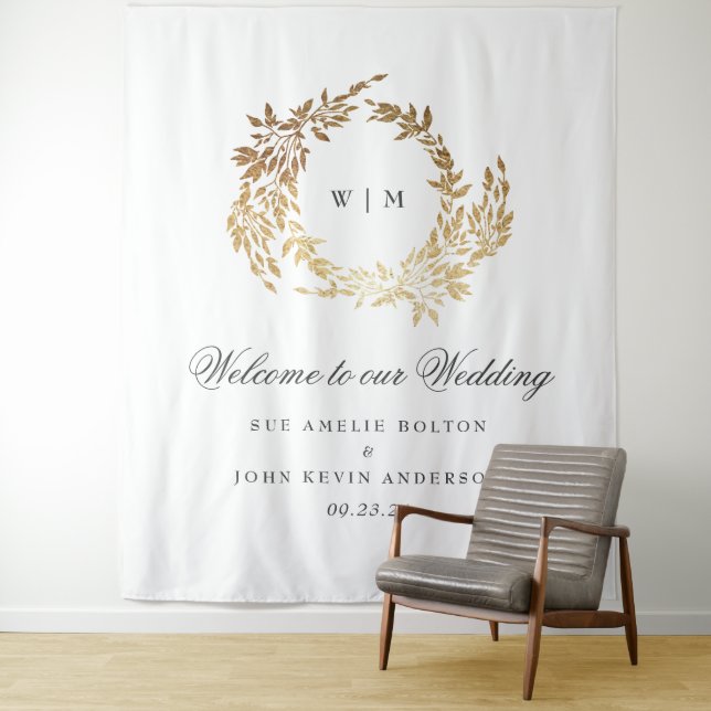Gold Wreath Classic Monogram Wedding Tapestry (In Situ)