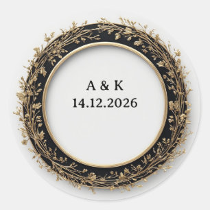Gold Wreath Frame Black Inlay Mirror Border Classic Round Sticker