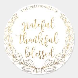 Gold Wreath Grateful Thankful Blessed Monogram Classic Round Sticker