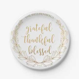 Gold Wreath Grateful Thankful Blessed Monogram Paper Plate