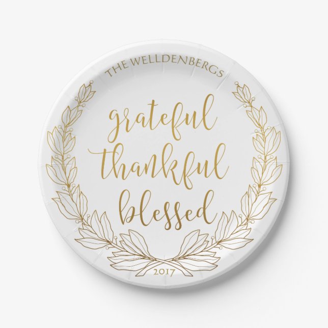 Gold Wreath Grateful Thankful Blessed Monogram Paper Plate (Front)