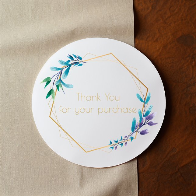 Gold wreath, leafy  Thank you for your purchase Classic Round Sticker (Round black thank you sticker with gold frame and watercolor botanical accents)