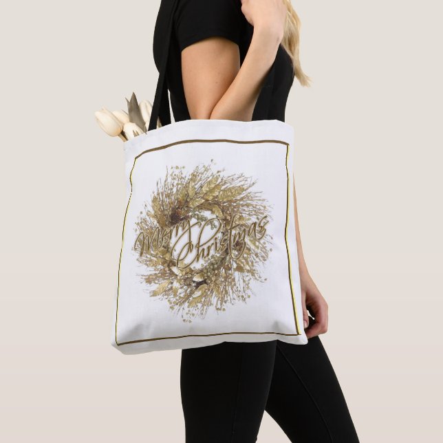Gold Wreath Merry Christmas Tote Bag (Close Up)