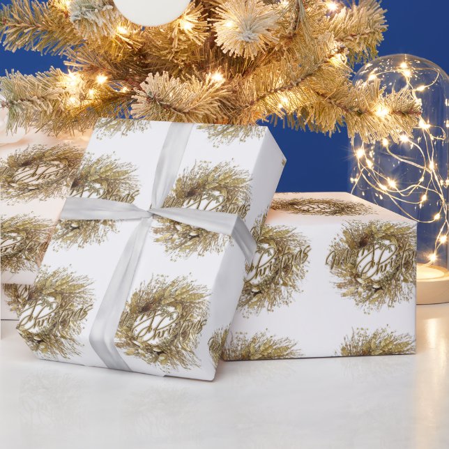Gold Wreath Merry Christmas Wrapping Paper (Holidays)