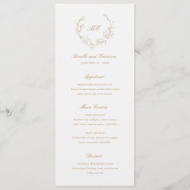 Gold Wreath Monogram Elegant Wedding Menu (Front)