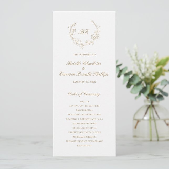 Gold Wreath Monogram Elegant Wedding Programme (Standing Front)