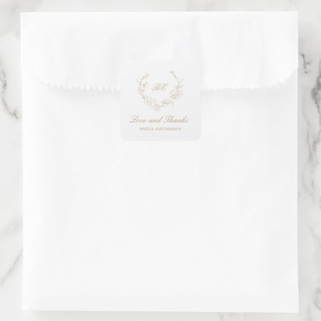 Gold Wreath Monogram Elegant Wedding Square Sticker (Bag)