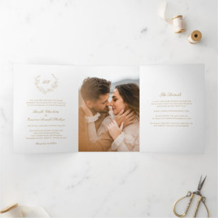 Gold Wreath Monogram Elegant Wedding Tri-Fold Invitation