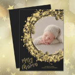 Gold Wreath on Black Merry Christmas Holiday Card<br><div class="desc">Gold circles,  stars and dots on a black background surround your favourite photo with your names and Merry Christmas greeting in chic lettering,  a beautiful way to send holiday cheer. Select Matte for heaviest paper and high definition for best print quality.</div>