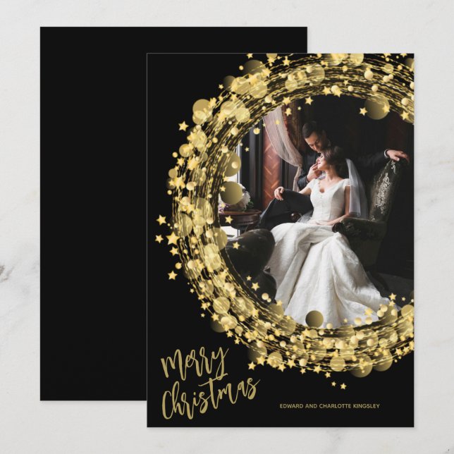Gold Wreath on Black Merry Christmas Holiday Card (Front/Back)