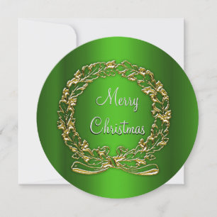 Gold Wreath on Green Merry Christmas Holiday Card
