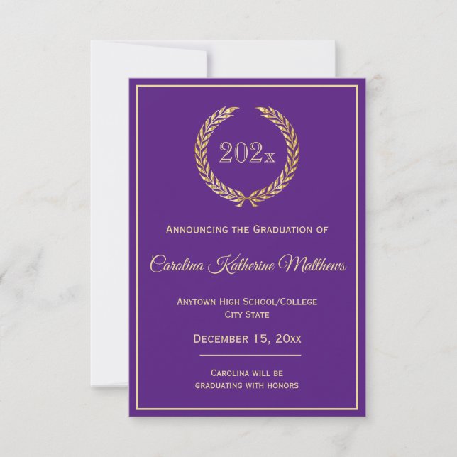 Gold Wreath Purple Graduation Announcement (Front)