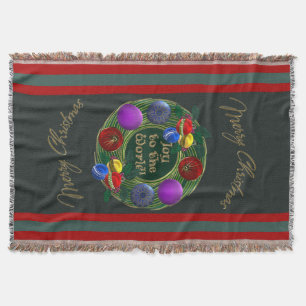 Gold Wreath, Vibrant Ornaments on Pine Green Throw Blanket