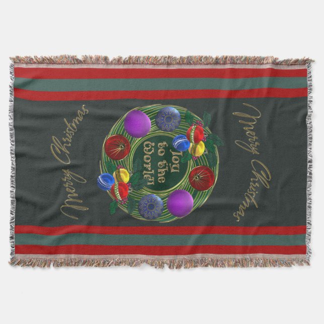 Gold Wreath, Vibrant Ornaments on Pine Green Throw Blanket (Front)