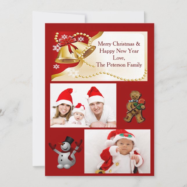 Gold XMas Bells, Beads and Snowflakes Flat Card (Front)