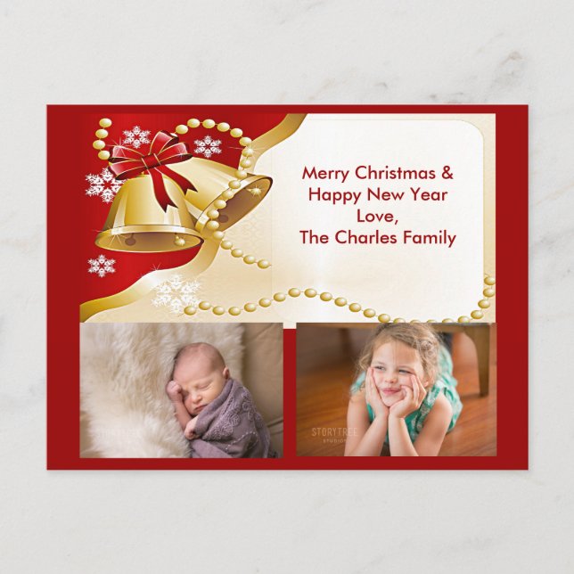 Gold XMas Bells, Beads and Snowflakes Postcard (Front)