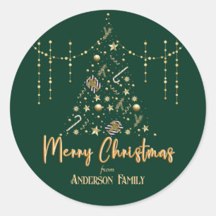 Gold Xmas Tree Emerald Green Merry Christmas  Classic Round Sticker