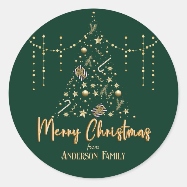 Gold Xmas Tree Emerald Green Merry Christmas  Classic Round Sticker (Front)