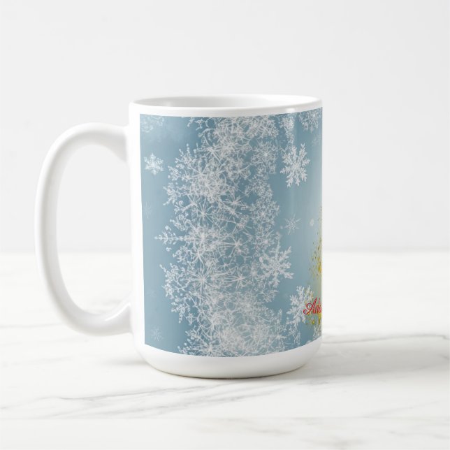 Gold Xmas Tree Mug with Snowflakes – Customizable  (Left)