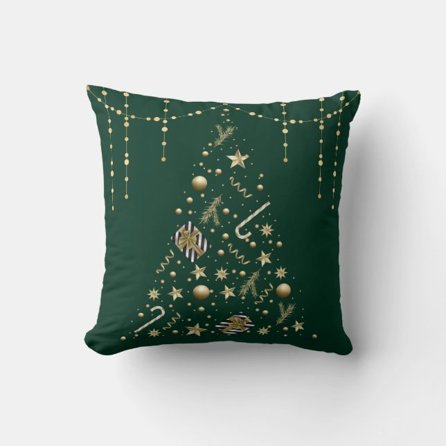Gold Xmas Tree&Ornaments Emerald Green Christmas Cushion (Front)