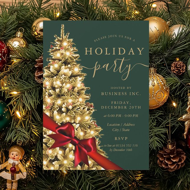 Gold Xmas Tree Red Bow Corporate Holiday Green Invitation (Gold Xmas Tree Red Bow Corporate Holiday Green Invitation)
