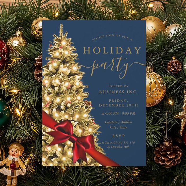 Gold Xmas Tree Red Bow Corporate Holiday Navy Invitation (Gold Xmas Tree Red Bow Corporate Holiday Navy Invitation)