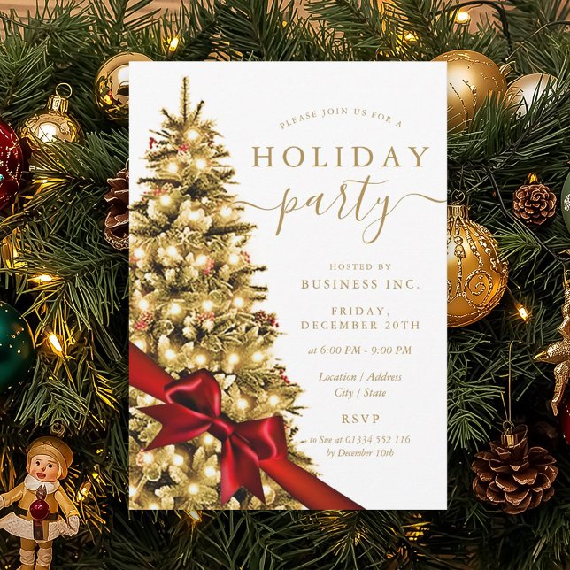 Gold Xmas Tree Red Bow Corporate Holiday Party  Invitation (Gold Xmas Tree Red Bow Corporate Holiday Party Invitation)