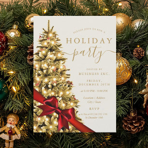 Gold Xmas Tree Red Bow Corporate Holiday Party  Invitation