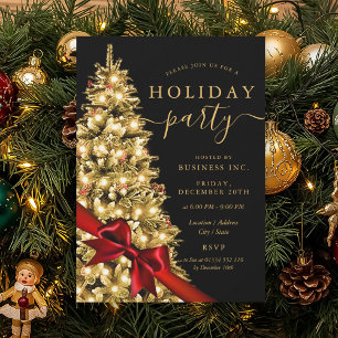Gold Xmas Tree Red Bow Corporate Holiday Party  Invitation
